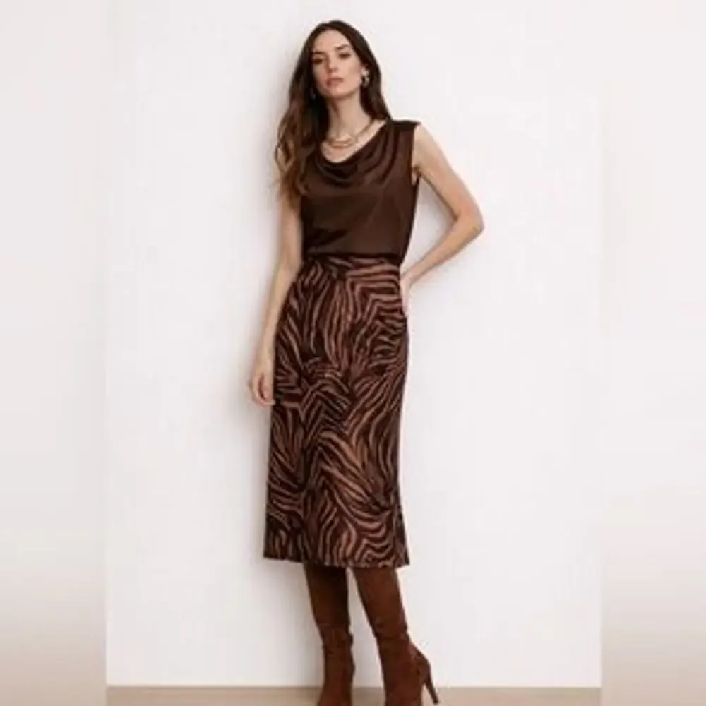 Anthropologie Brown Zebra Print Velvet Burnout Midi Skirt Size Large Y2K Trend